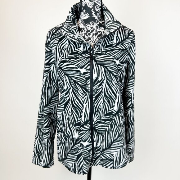Reel Legends | Black & White Palm Leaf Print Fleece Full Zip Jacket Sweater | L - Picture 2 of 12